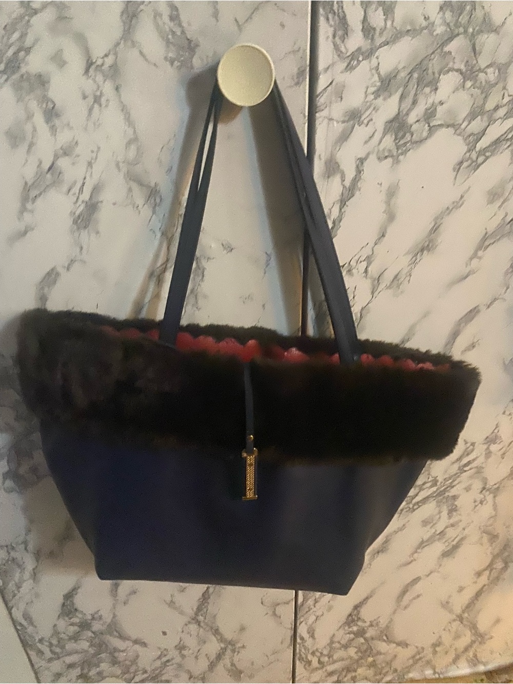 Navy Faux Leather Tote with Dark Brown Faux Fur Trim